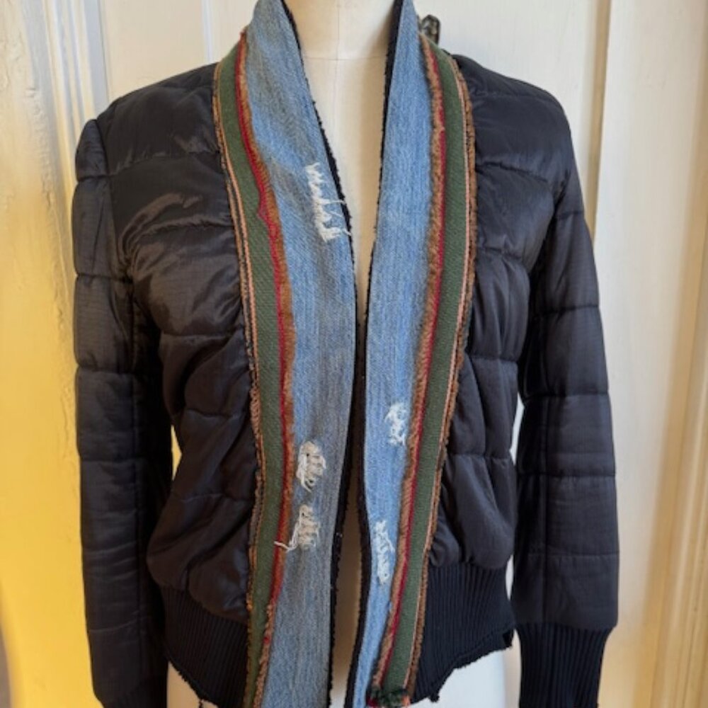 GREG LAUREN BLACK RIPSTOP / VINTAGE DENIM AND BLANKET STRIPE PUFFY KIMONO  SMALL